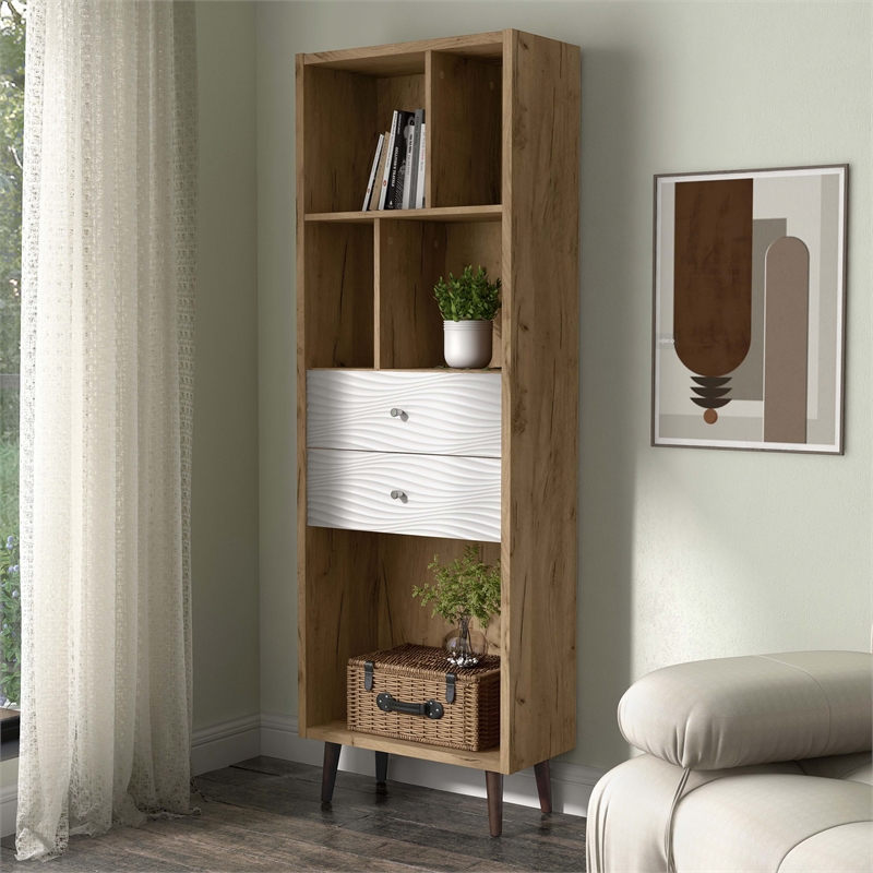 Bowery Hill Mid-Century Modern Wood 2-Drawer Bookcase in Light Oak