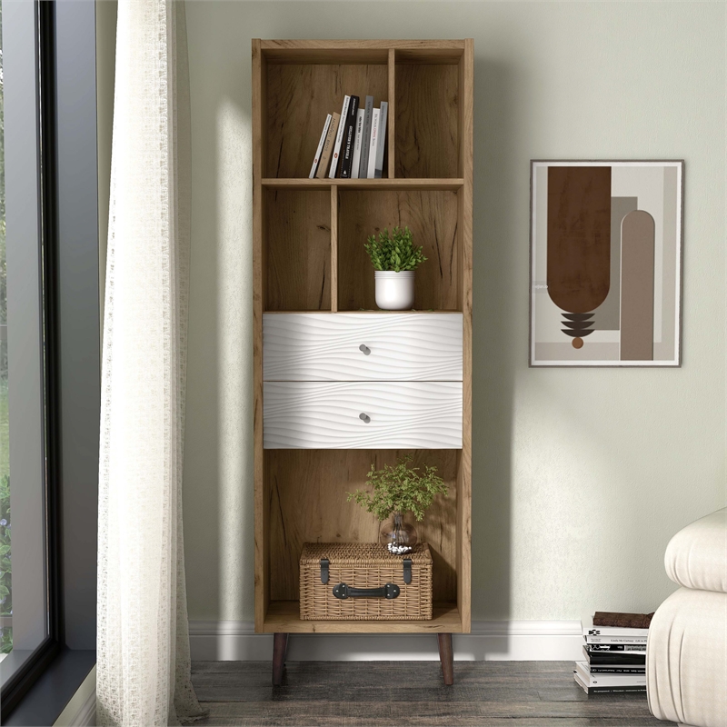 Bowery Hill Mid-Century Modern Wood 2-Drawer Bookcase in Light Oak