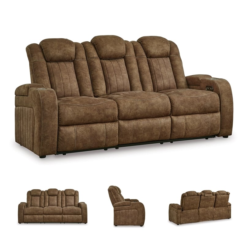 Bowery Hill Contemporary Faux Leather Brown Power Reclining Sofa