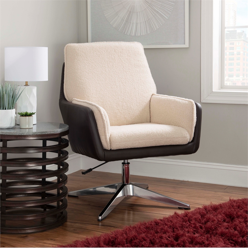 Bowery Hill Metal Adjustable Swivel Chair in Natural Sherpa/Brown Faux Leather