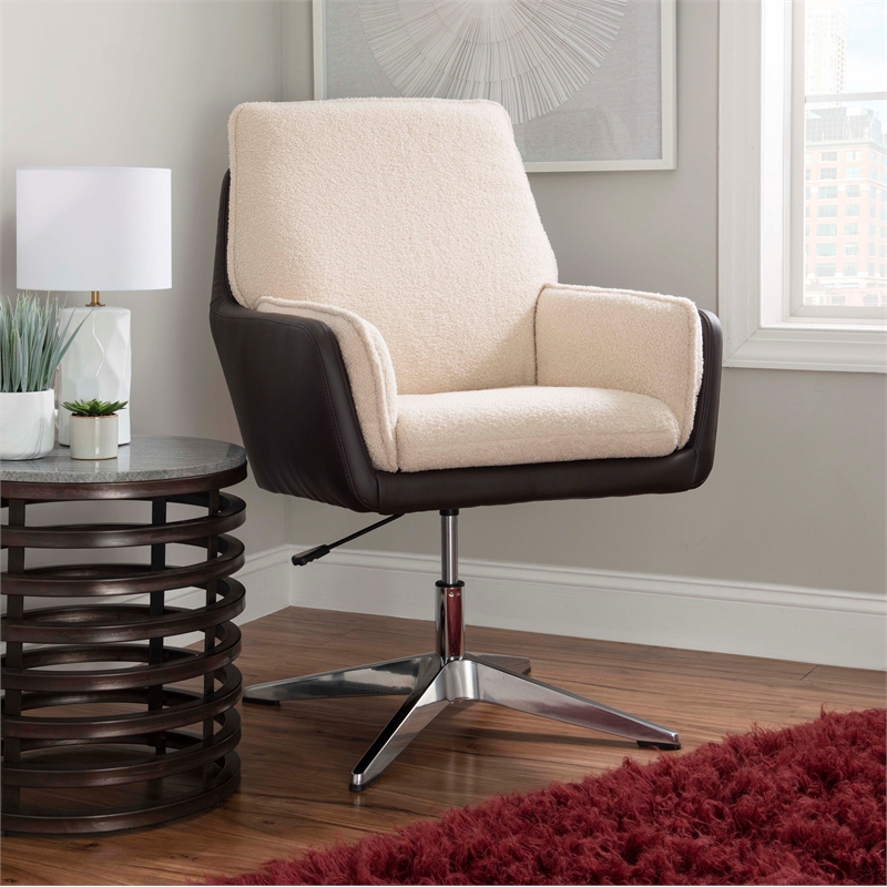 Bowery Hill Metal Adjustable Swivel Chair in Natural Sherpa/Brown Faux Leather
