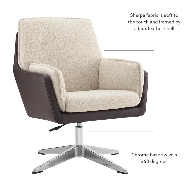 Bowery Hill Metal Adjustable Swivel Chair in Natural Sherpa/Brown Faux Leather