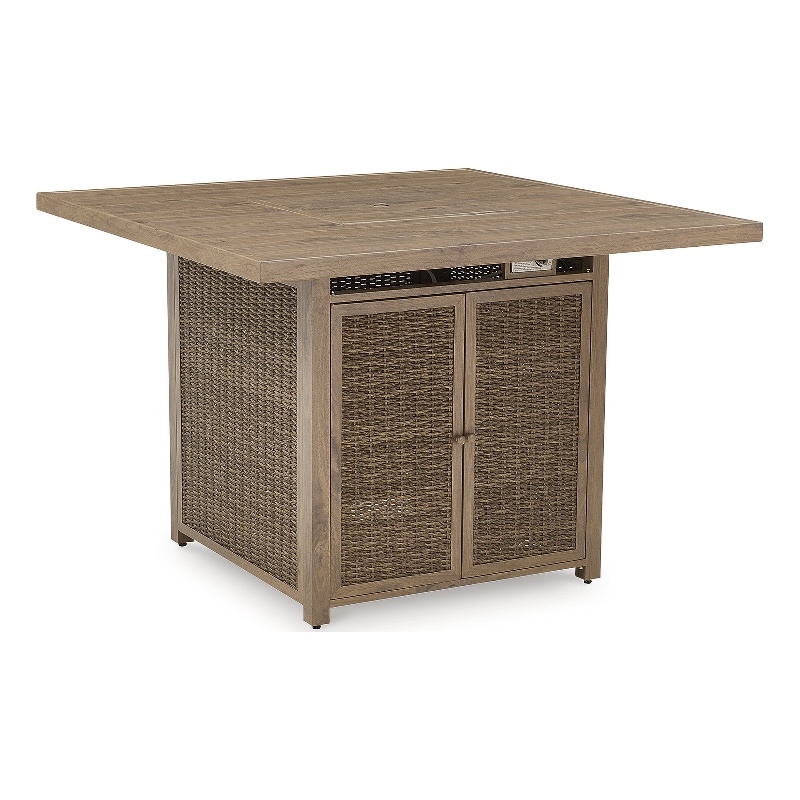 Bowery Hill Coastal Aluminum Patio Bar Table with Fire Pit in Driftwood