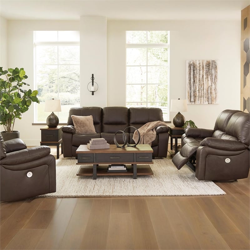 Bowery Hill Contemporary Faux Leather Dark Brown Power Reclining Sofa