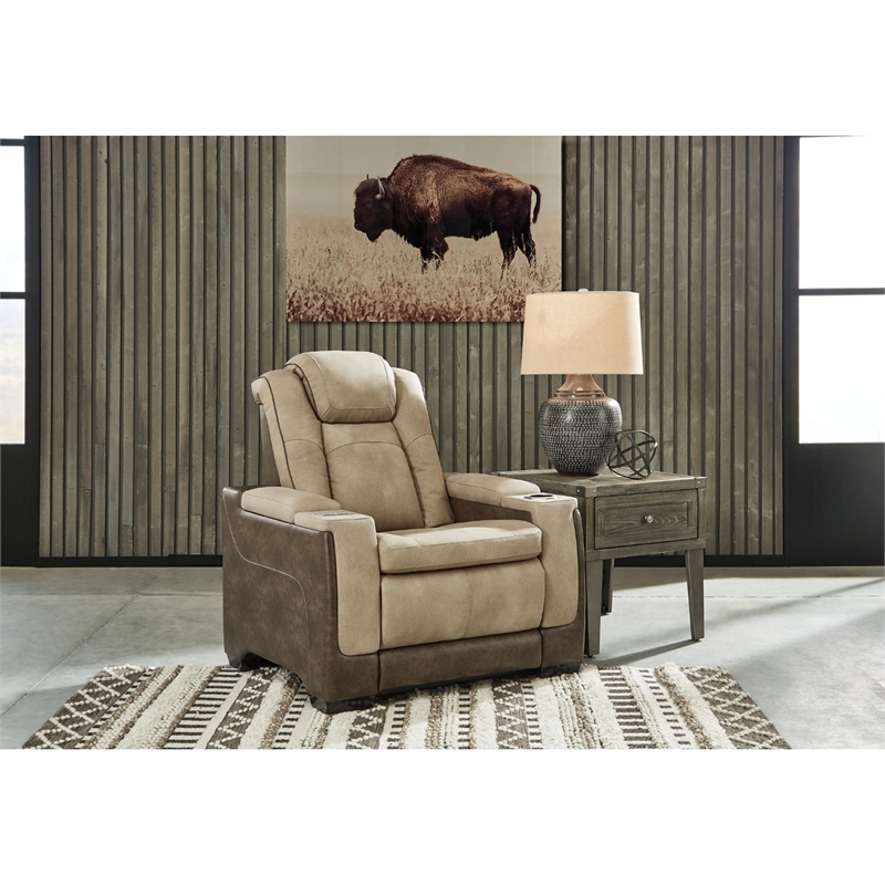 Bowery Hill Contemporary Polyester Faux Leather Power Recliner in Brown