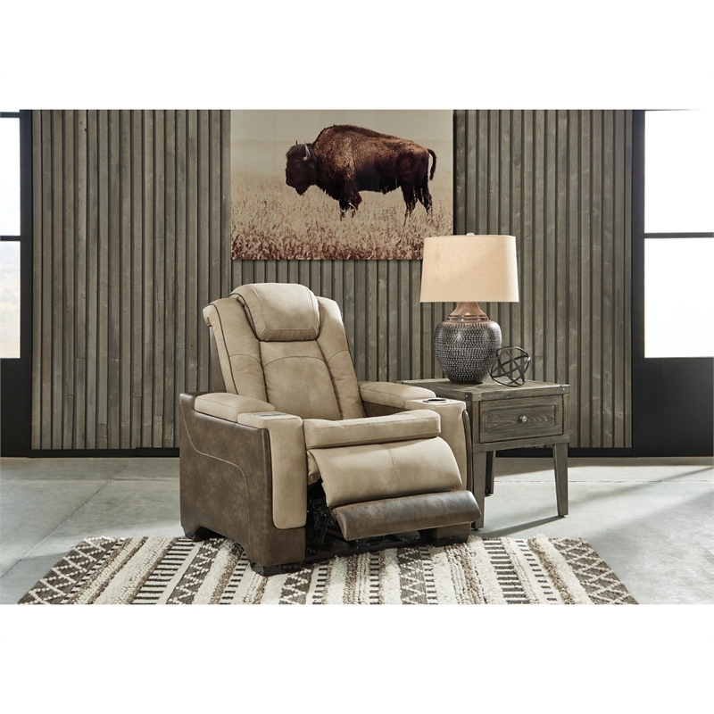 Bowery Hill Contemporary Polyester Faux Leather Power Recliner in Brown