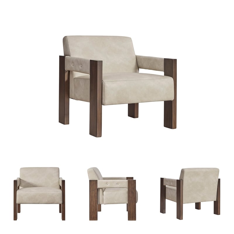 Bowery Hill Faux Leather Contemporary Beige Accent Chair with Attached Cushions
