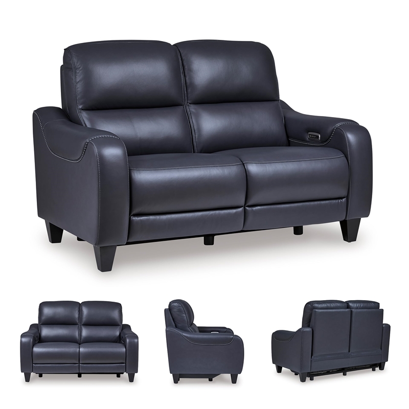 Bowery Hill Leather Contemporary Ocean Power Reclining Loveseat