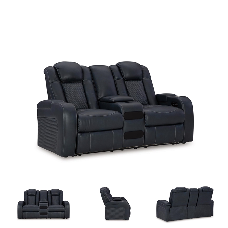 Bowery Hill Contemporary Sapphire Power Reclining Loveseat with Console