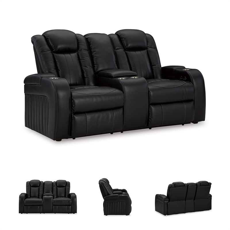Bowery Hill Contemporary Black Power Reclining Loveseat with Console