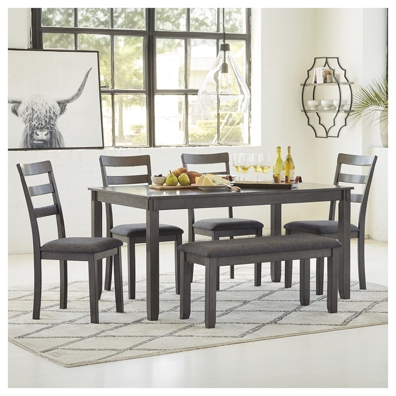 Bowery Hill Transitional Charcoal Dining Table and Chairs with Bench - Set of 6