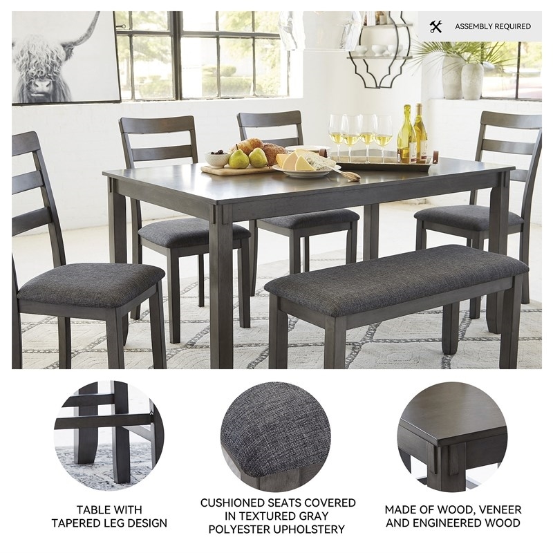Bowery Hill Transitional Charcoal Dining Table and Chairs with Bench - Set of 6