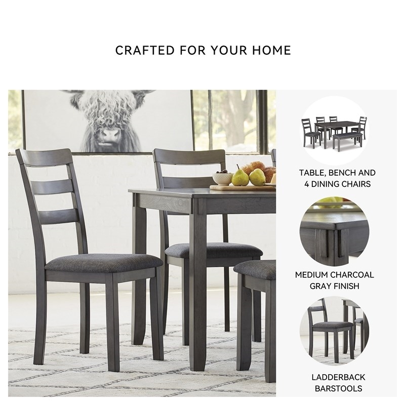 Bowery Hill Transitional Charcoal Dining Table and Chairs with Bench - Set of 6