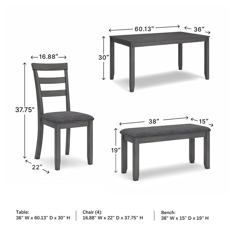 Bowery Hill Transitional Charcoal Dining Table and Chairs with Bench - Set of 6
