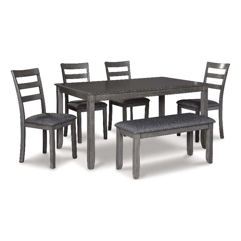 Bowery Hill Transitional Charcoal Dining Table and Chairs with Bench - Set of 6