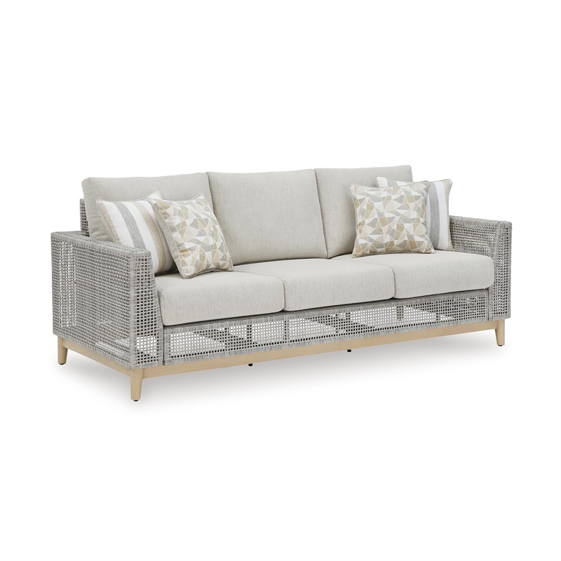 Bowery Hill Wicker / Rattan Coastal Gray Outdoor Sofa with Cushion