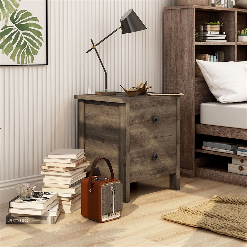 Bowery Hill Rustic Wood 2-Drawer Nightstand in Distressed Walnut