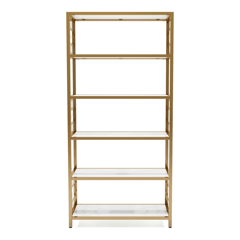 Bowery Hill Contemporary Metal 5-Shelf Bookcase in White and Gold