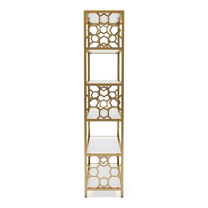 Bowery Hill Contemporary Metal 5-Shelf Bookcase in White and Gold