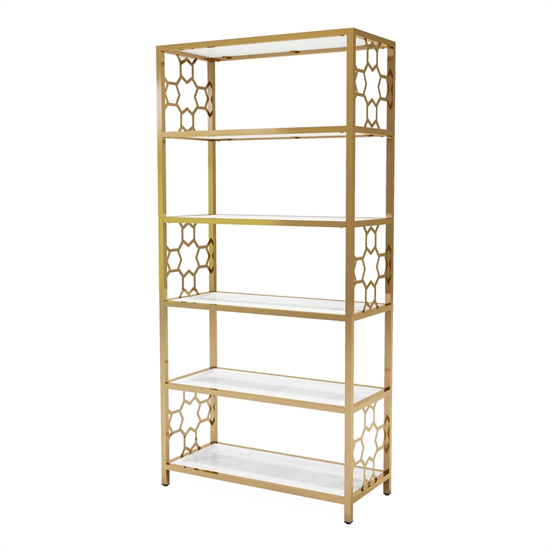 Bowery Hill Contemporary Metal 5-Shelf Bookcase in White and Gold