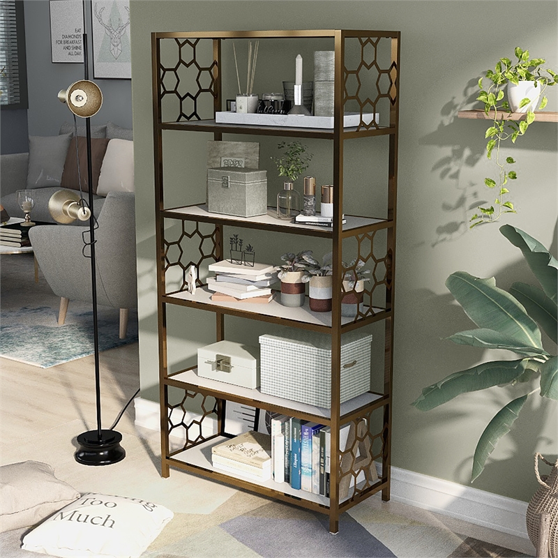 Bowery Hill Contemporary Metal 5-Shelf Bookcase in White and Gold