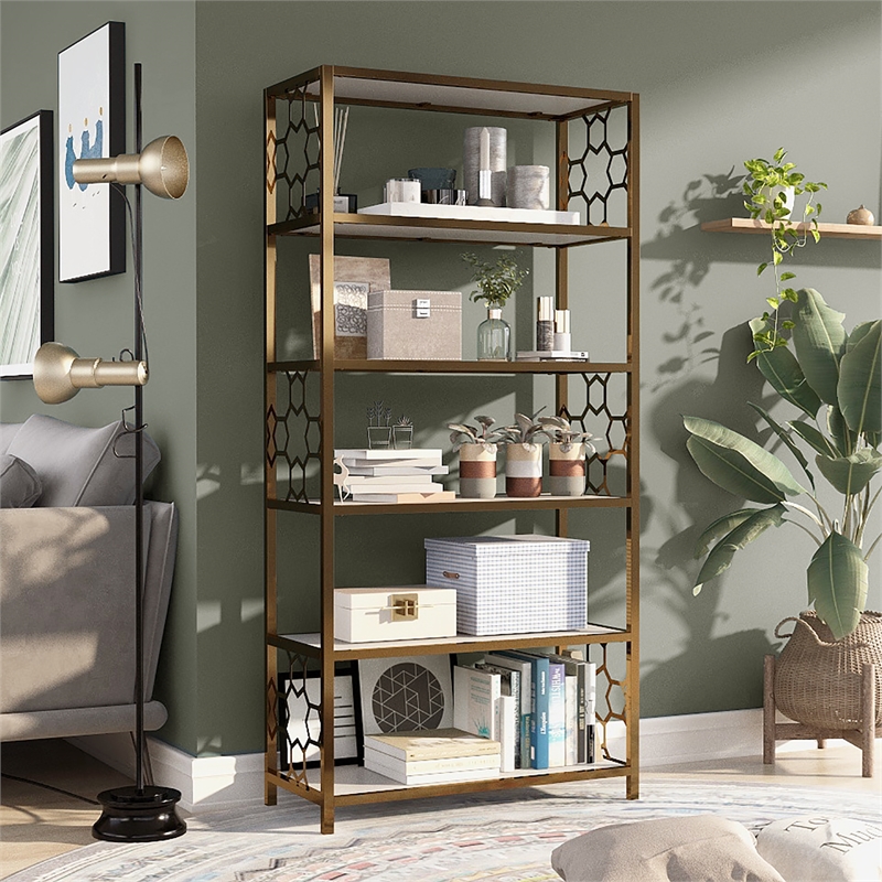 Bowery Hill Contemporary Metal 5-Shelf Bookcase in White and Gold