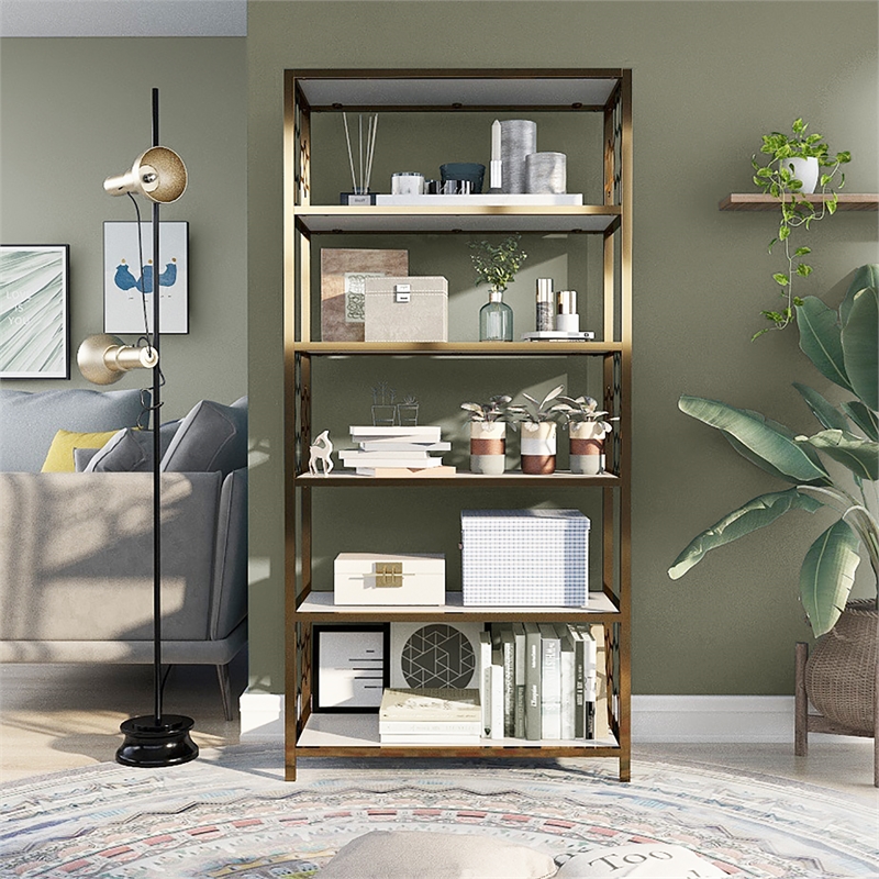 Bowery Hill Contemporary Metal 5-Shelf Bookcase in White and Gold