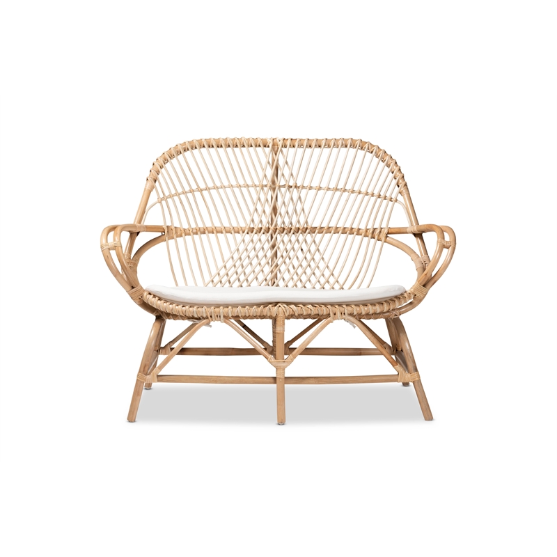 Bowery Hill Modern Bohemian White Fabric and Brown Rattan Loveseat