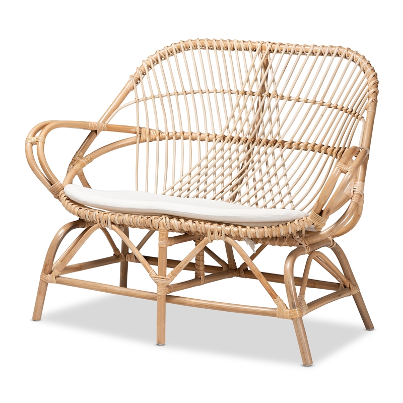 Bowery Hill Modern Bohemian White Fabric and Brown Rattan Loveseat