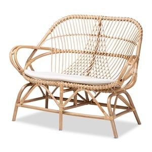 Bowery Hill Modern Bohemian White Fabric and Brown Rattan Loveseat