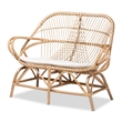 Bowery Hill Modern Bohemian White Fabric and Brown Rattan Loveseat