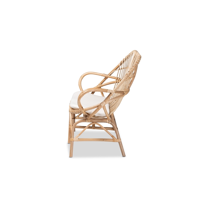 Bowery Hill Modern Bohemian White Fabric and Brown Rattan Loveseat
