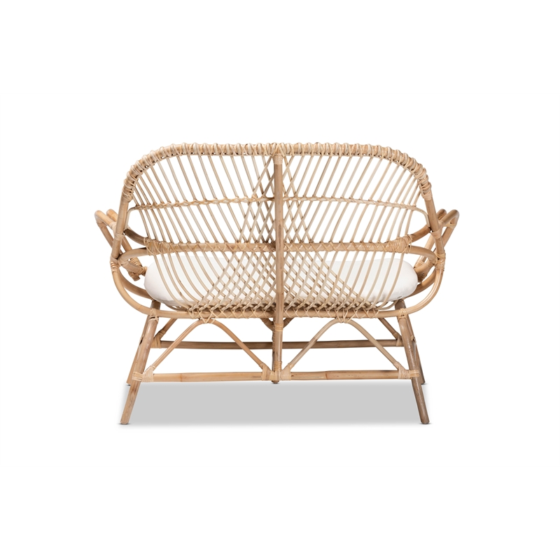 Bowery Hill Modern Bohemian White Fabric and Brown Rattan Loveseat