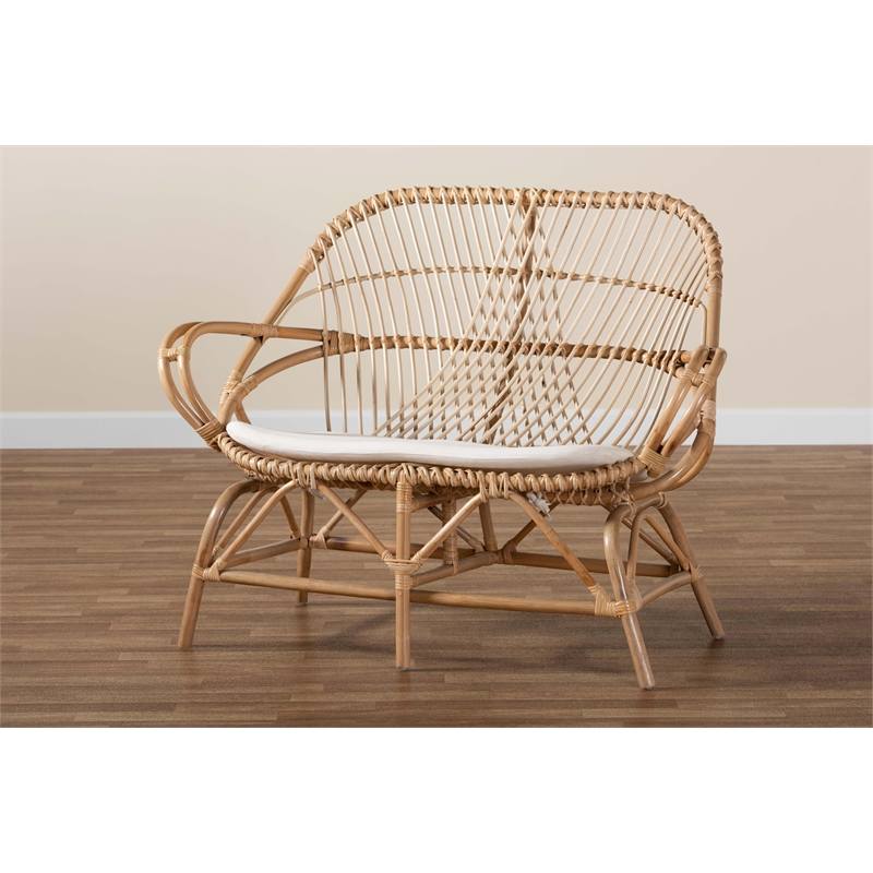 Bowery Hill Modern Bohemian White Fabric and Brown Rattan Loveseat