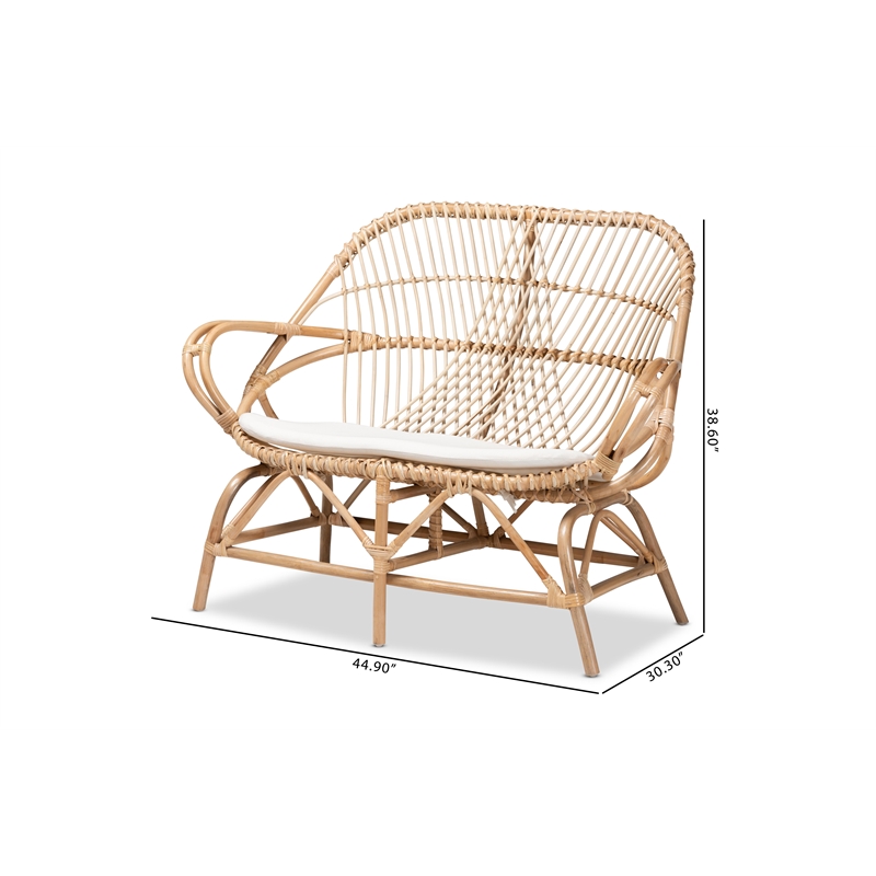 Bowery Hill Modern Bohemian White Fabric and Brown Rattan Loveseat