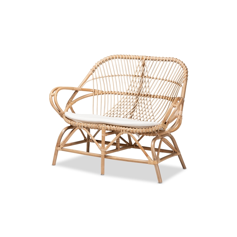 Bowery Hill Modern Bohemian White Fabric and Brown Rattan Loveseat