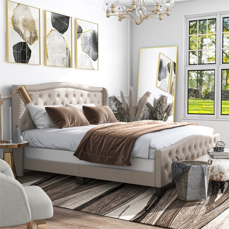 Bowery Hill Ivory Queen Button Tufted Fabric Upholstered Bed