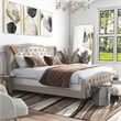 Bowery Hill Ivory Queen Button Tufted Fabric Upholstered Bed