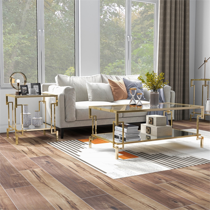 Bowery Hill Metal 2-Piece Coffee Table Set in Gold Champagne