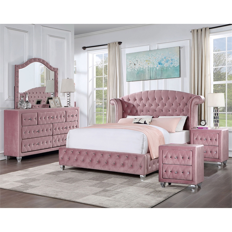Bowery Hill 5pc Pink Fabric Bedroom Set of Queen+2 Nightstands+Dresser+Mirror