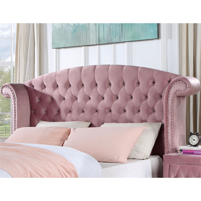 Bowery Hill 5pc Pink Fabric Bedroom Set of Queen+2 Nightstands+Dresser+Mirror