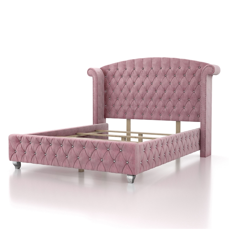 Bowery Hill 5pc Pink Fabric Bedroom Set of Queen+2 Nightstands+Dresser+Mirror