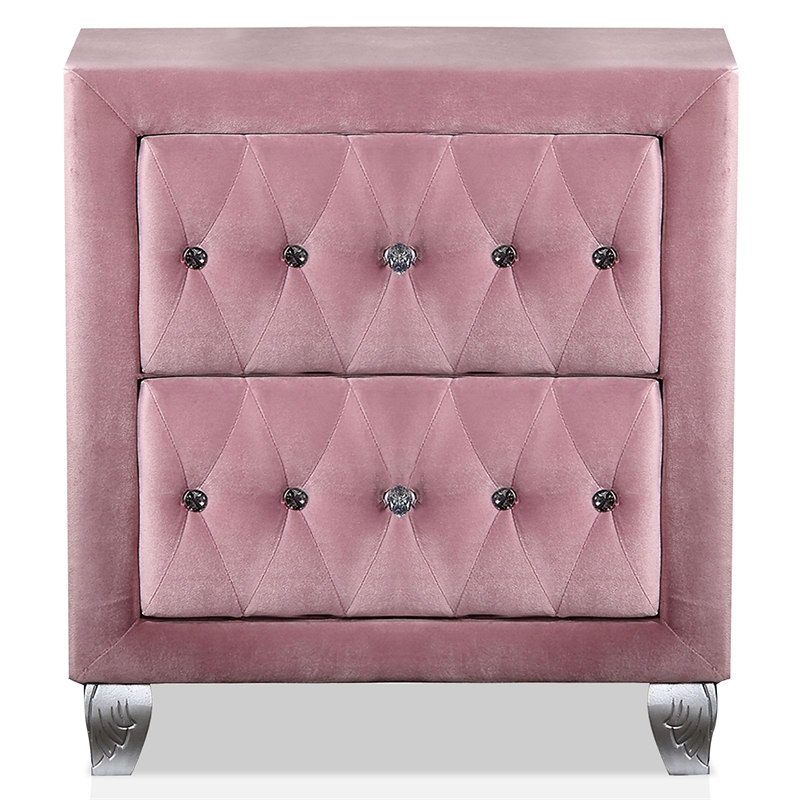 Bowery Hill 5pc Pink Fabric Bedroom Set of Queen+2 Nightstands+Dresser+Mirror