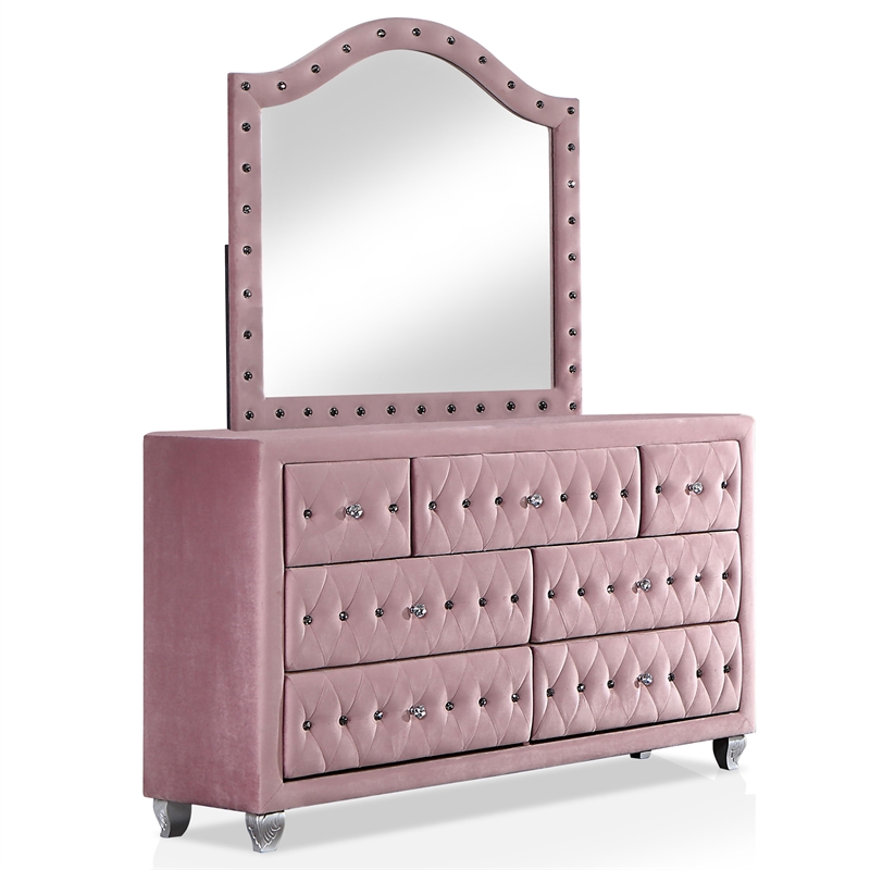 Bowery Hill 5pc Pink Fabric Bedroom Set of Queen+2 Nightstands+Dresser+Mirror
