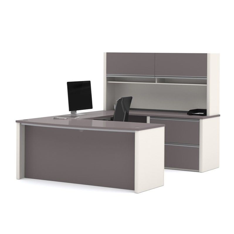 Bowery Hill U-Shape Home Office Set with Oversized Pedestal in Sandstone & Slate