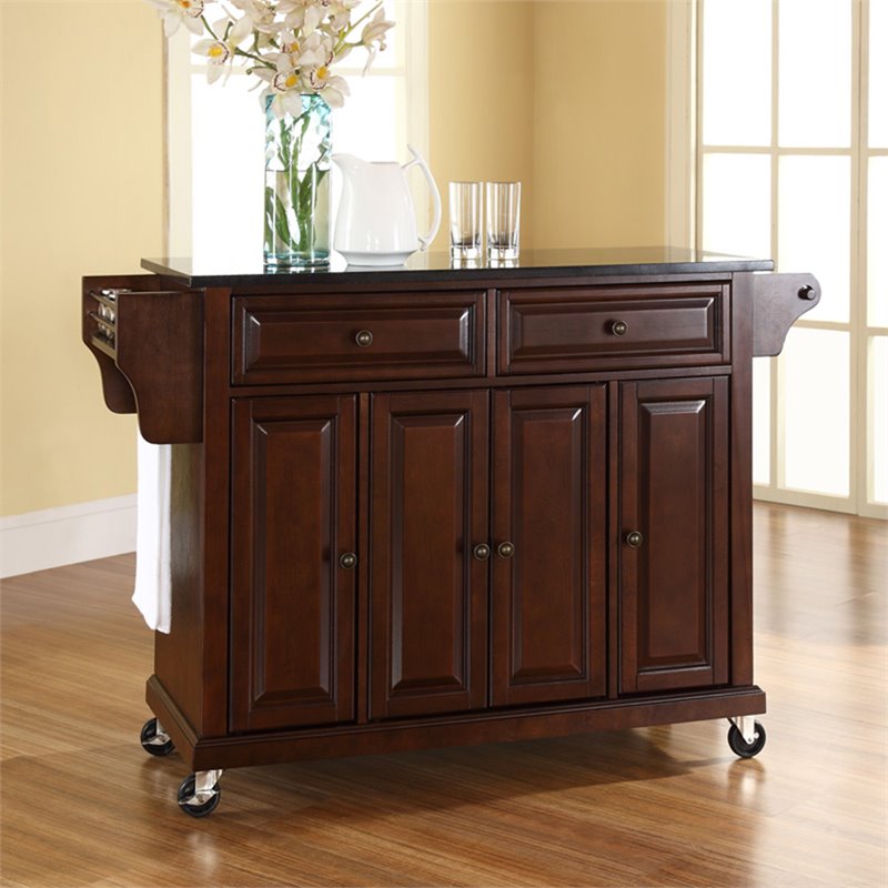 Bowery Hill Wood/Solid Granite Kitchen Cart in Mahogany & Black