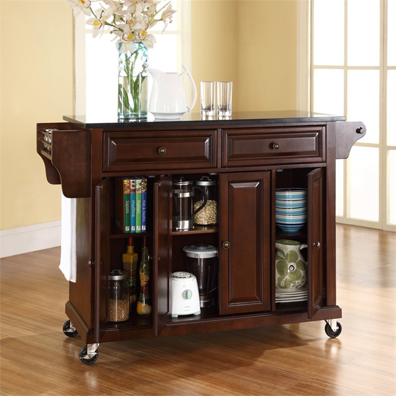 Bowery Hill Wood/Solid Granite Kitchen Cart in Mahogany & Black