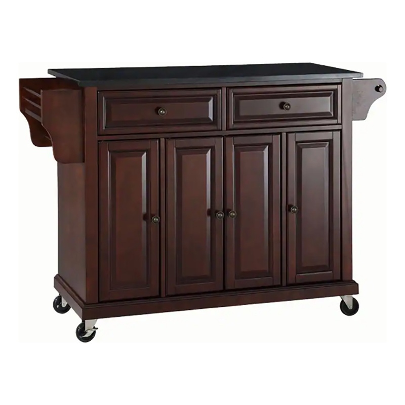 Bowery Hill Wood/Solid Granite Kitchen Cart in Mahogany & Black
