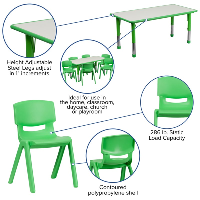 Bowery Hill Plastic Activity Table Set w/ 6 School Stacking Chairs in Green