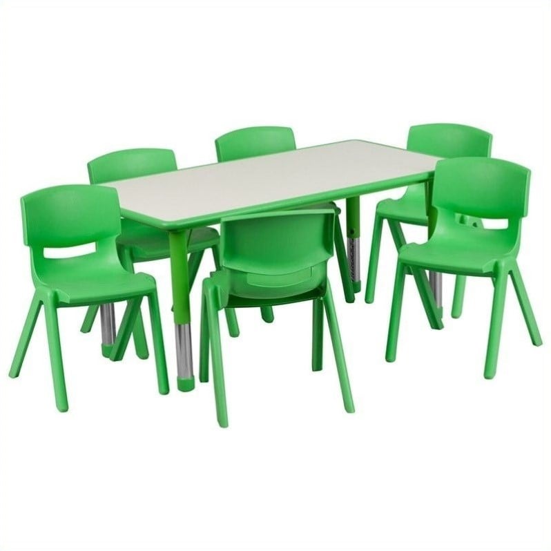 Bowery Hill Plastic Activity Table Set w/ 6 School Stacking Chairs in Green
